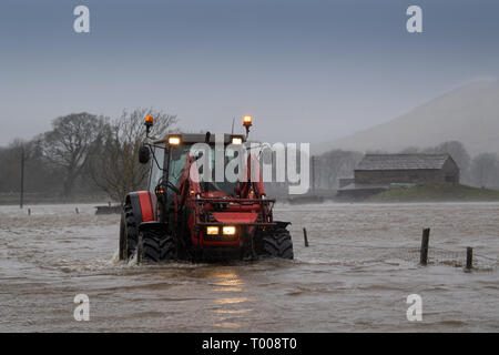 North Yorkshire, UK. 16. März 2019. Landwirt kommend auf der A 684 in der Nähe von Hawes, North Yorkshire überflutet, wie der Fluß Ure die Ufer in der Sintflut, die durch Sturm Hannah. Credit: Wayne HUTCHINSON/Alamy leben Nachrichten Stockfoto