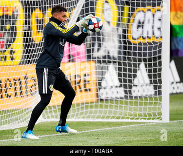 März 16, 2019: Columbus Crew SC Torwart Zack Steffen (23) Während des Warm ups vor den FC Dallas in ihr Spiel in Columbus, Ohio, USA. Brent Clark/Alamy leben Nachrichten Stockfoto