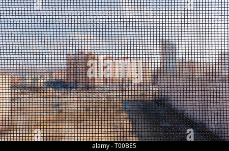 Fenster mit einem Moskitonetz Insekten und Wanzen zu verhindern, wie Fliegen, Mücken, Bienen oder Wespen in Stockfoto