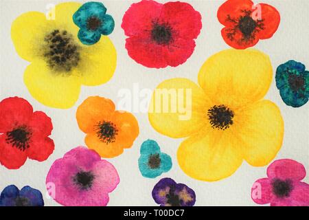 Aquarell Blüten in verschiedenen Farben und Größen auf weißem Papier Stockfoto