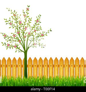 Frühling Hintergrund mit grünem Gras, Blühender Baum und Garten Zaun Vektor Stock Vektor