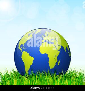 Tag der Umwelt Konzept. Globus mit grünem Gras und blauer Himmel vector Hintergrund Stock Vektor