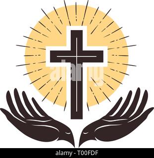 Kirche Logo. Kreuz und Hände, christliches Symbol. Vector Illustration Stock Vektor