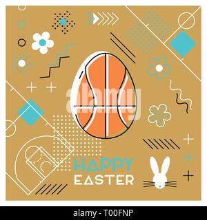 Frohe Ostern. Grußkarte mit Osterei als Basketball Ball. Abstrakte Memphis Design. Vector Illustration. Stock Vektor