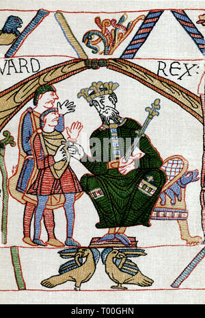 Edward's Anweisungen zu Harold. Teppich von Bayeux: Erste Szene: König Edward dem Bekenner und Harold Godwinson in Winchester. Der Teppich von Bayeux ist eine gestickte Tuch messen ca. 70 m (230 ft) langen und 50 cm (20 in) hoch. Es zeigt die Ereignisse, die zu der Normannischen Eroberung Englands über William, Herzog der Normandie, und Harold, Earl of Wessex, dem späteren König von England, und gipfelte in der Schlacht von Hastings. Stockfoto