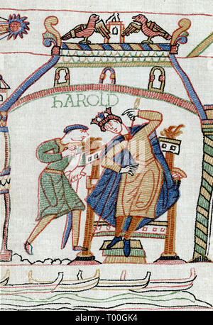 Harold hat vom Kometen erzählt. Die Nachricht vom Halleyschen Kometen wird Harold Godwinson (c1022-1066) übermittelt. Der Komet ist oben links in diesem Detail vom Bayeux Tapestry zu sehen. Die Leute betrachteten den Kometen als böses Omen. Der Bayeux Tapestry ist ein gesticktes Tuch, das ca. 70 Meter (230 Fuß) lang und 50 Zentimeter (20 Zoll) hoch ist. Es zeigt die Ereignisse, die zur normannischen Eroberung von England führten, bezüglich William, Herzog der Normandie, und Harold, Earl of Wessex, späterer König von England, und die in der Schlacht von Hastings gipfelten. Stockfoto