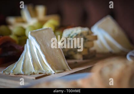 Käseplatte mit verschiedenen Käsesorten einschließlich Brie, Cheddar und Blauschimmelkäse, serviert mit Trauben Stockfoto