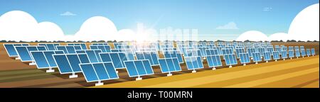 Felder der Anzeige Solarenergie erneuerbare Station alternative Stromquelle Konzept Photovoltaik Bezirk sunrise Landschaft Hintergrund horizontal Stock Vektor