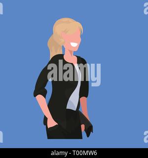 Attraktive Geschäftsfrau holding Handtasche standing Pose lächelnd Business woman Büroangestellter weibliche Comicfigur portrait Flachbild blauer Hintergrund Stock Vektor