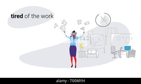 Unzufrieden Frau boss papers Dokumente schlechter Job Konzept wütend Geschäftsfrau Arbeitgeber moderne Büro innen Skizze doodle Horizontale werfen Stock Vektor