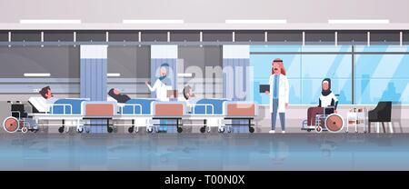 Arabische Ärzte Team besuchen behinderte arabische Patienten im Rollstuhl sitzen Bett intensive Therapie Station healthcare Konzept Klinik liegenden Zimmer Stock Vektor