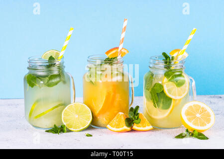 Limonade, Mojito und orange Limonade. Stockfoto