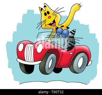 Cartoon Katzen durch ein rotes Cabrio Vector Illustration Reisen Stock Vektor