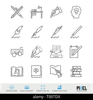 Symbol Leitung festgelegt. Schreiben, Autor, Bücher, die lineare Symbole. Feder und Tinte Symbole, Piktogramme. Pixel Perfect Design. Editierbare Schlaganfall. Einstellung der Linienstärke Stockfoto