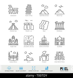Symbol Leitung festgelegt. Welt Sehenswürdigkeiten Ähnliche lineare Symbole. Alte Grenzsteine Symbole, Piktogramme, Zeichen. Pixel Perfect Design. Editierbare Schlaganfall. Einstellung der Strichstärke. Stockfoto