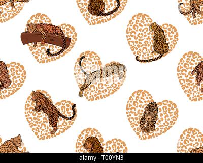 Nahtlose Muster von Hand gezeichnete Skizze stil Leoparden und Herzen auf weißem Hintergrund. Vector Illustration. Stock Vektor