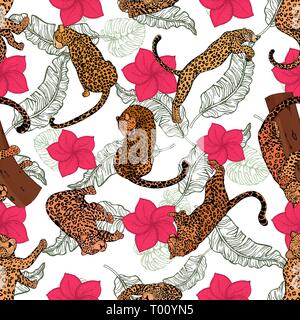 Nahtlose Muster von Hand gezeichnete Skizze stil Leoparden und tropischen Pflanzen. Vector Illustration. Stock Vektor