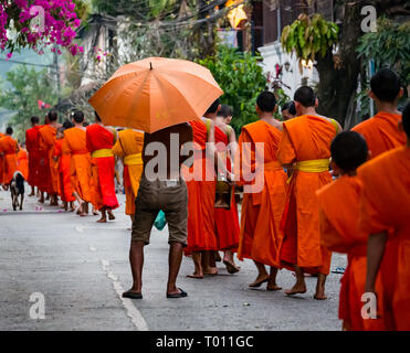 Schwarzer Mann mit orangefarbenem Regenschirm beobachtet buddhistische Mönche in orangefarbenen Bademänteln, die sich für die morgendliche Almosenfeier Luang Prabang, Laos anstellen Stockfoto