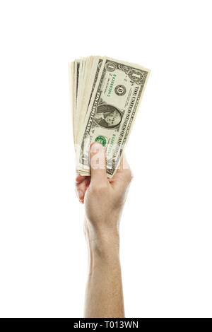 Eine amerikanische Dollar Bargeld in männlicher Hand isoliert. Tipps und steuerliche Konzept mit 1 US-Dollar Banknote Stockfoto