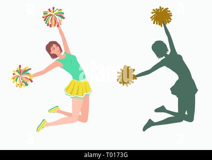 Cheerleader mit pom-poms und ihre Silhouette auf weißem Hintergrund. Stock Vektor