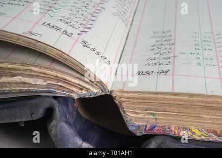 Eine Nahaufnahme handgeschriebener Buchhaltungsseiten aus dem Jahr 1975 Stockfoto