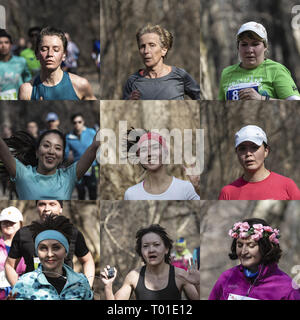 ALMATY, Kasachstan - 16. MÄRZ 2019: neun Gesichter der Marathonläufer mit unterschiedlichen Ausdrücken, während die Feder beim Marathon in der Stadt Almaty, in der GROV Stockfoto