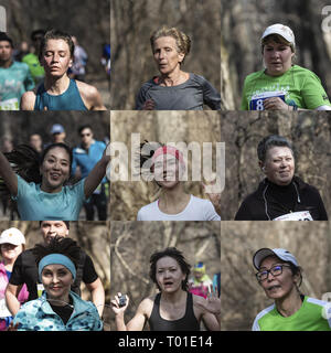 ALMATY, Kasachstan - 16. MÄRZ 2019: neun Gesichter der Marathonläufer mit unterschiedlichen Ausdrücken, während die Feder beim Marathon in der Stadt Almaty, in der GROV Stockfoto