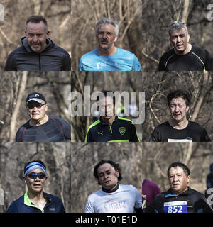 ALMATY, Kasachstan - 16. MÄRZ 2019: neun Gesichter der Marathonläufer mit unterschiedlichen Ausdrücken, während die Feder beim Marathon in der Stadt Almaty, in der GROV Stockfoto