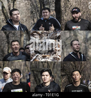 ALMATY, Kasachstan - 16. MÄRZ 2019: neun Gesichter der Marathonläufer mit unterschiedlichen Ausdrücken, während die Feder beim Marathon in der Stadt Almaty, in der GROV Stockfoto
