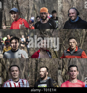 ALMATY, Kasachstan - 16. MÄRZ 2019: neun Gesichter der Marathonläufer mit unterschiedlichen Ausdrücken, während die Feder beim Marathon in der Stadt Almaty, in der GROV Stockfoto