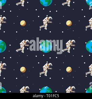 Astronaut im Weltraum in der Nähe von Erde und Mond nahtlose Muster 10 eps Stock Vektor