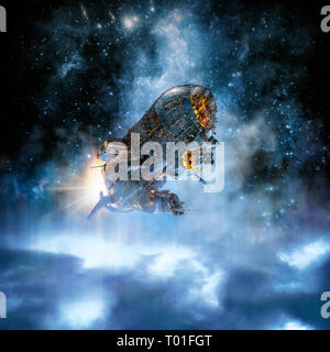 Flug Der buccaneer/3D-Darstellung der schwer gepanzerten Schlachtkreuzer Raumschiff weg von planetaren Atmosphäre Stockfoto
