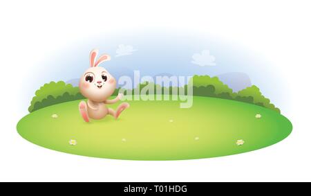 Cute bunny sitzen auf grünem Gras - Frühling Landschaft isoliert auf weißem Stock Vektor