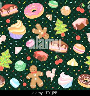 Kuchen, Weihnachtsbaum, Baiser, Kirsche, cupcake Donut Gingerbread Man candy Makronen Stock Vektor