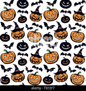 Vector pattern mit Kürbissen und Fledermäuse auf einem weißen Hintergrund. Stock Vektor