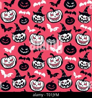 Vector pattern mit Kürbissen und Fledermäuse auf einem rosa Hintergrund. Stock Vektor