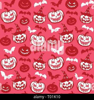 Vector pattern mit Kürbissen und Fledermäuse auf einem rosa Hintergrund. Stock Vektor