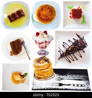 Collage aus verschiedenen Desserts auf weißem Hintergrund Stockfoto