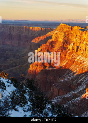 Palisaden aus der Wüste gesehen von Desert View übersehen, Grand Canyon National Park. Painted Desert und Vermilion Cliffs in Distanz. Stockfoto