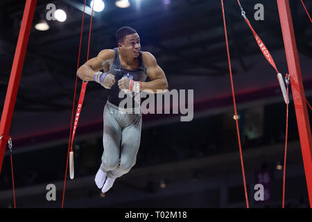 Liverpool, Großbritannien. 16. März 2019. Joe Fraser (Birmingham) führt noch Ring in der Man Senior Vielseitige während der 2019 Gymnastik Britischen Meisterschaften bei M&S Bank Arena am Samstag, den 16. März 2019. LIVERPOOL, ENGLAND. (Nur redaktionelle Nutzung, eine Lizenz für die gewerbliche Nutzung erforderlich. Keine Verwendung in Wetten, Spiele oder einer einzelnen Verein/Liga/player Publikationen.) Credit: Taka G Wu/Alamy News Credit: Taka Wu/Alamy leben Nachrichten Stockfoto