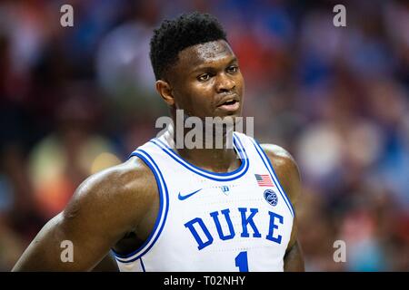 Duke Blue Devils vorwärts Zion Williamson (1) Während der ACC College Basketball Turnier Spiel zwischen den Syracuse Orange und die Duke Blue Devils im Spectrum Center am Donnerstag, den 14. März 2019 in Charlotte, NC. Jakob Kupferman/CSM Stockfoto