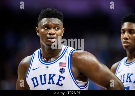 Duke Blue Devils vorwärts Zion Williamson (1) Während der ACC College Basketball Turnier Spiel zwischen den Syracuse Orange und die Duke Blue Devils im Spectrum Center am Donnerstag, den 14. März 2019 in Charlotte, NC. Jakob Kupferman/CSM Stockfoto