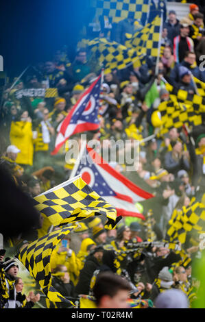 Samstag, 16. März 2019: Columbus Crew SC Fans ein Ziel in der ersten Hälfte der Partie zwischen FC Dallas und Columbus Crew SC an MAPFRE Stadion feiern, in Columbus, OH. Pflichtfeld Foto: Dorn Byg/Cal Sport Media. Columbus Crew SC 0 - FC Dallas 0 Stockfoto