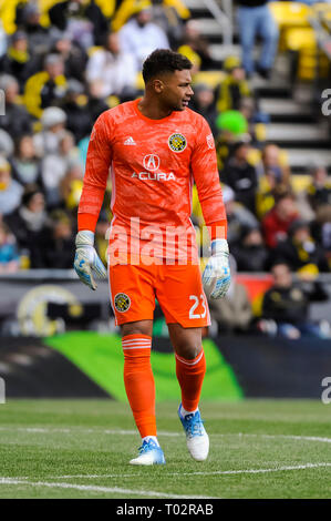 Samstag, 16. März 2019: Columbus Crew SC Torwart Zack Steffen (23) in der zweiten Hälfte der Partie zwischen FC Dallas und Columbus Crew SC an MAPFRE Stadium, in Columbus, OH. Pflichtfeld Foto: Dorn Byg/Cal Sport Media. Columbus Crew SC 1 - FC Dallas 0 Stockfoto