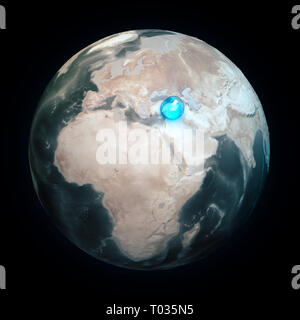 Karte der Welt ohne Wasser. Alles Wasser auf der Erde in einem Ort. Wasser Sphäre. Der Klimawandel, die globale Erwärmung. Physische Welt. 3D-Rendering Stockfoto