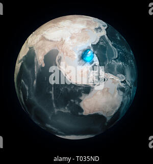 Karte der Welt ohne Wasser. Alles Wasser auf der Erde in einem Ort. Wasser Sphäre. Der Klimawandel, die globale Erwärmung. Physische Welt. 3D-Rendering Stockfoto
