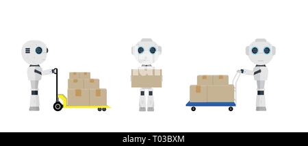 Satz Lager Roboter mit Kartons und Handwagen Vector Illustration Stock Vektor