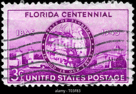 USA - ca. 1945: einen Stempel in den USA gedruckten zeigt alten Florida Dichtung, St. Augustine Tore und State Capitol, Florida Staatlichkeit Centenary, ca. 1945 Stockfoto