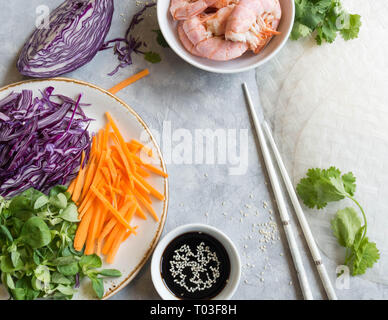 Zutaten zum Kochen Frühlingsrollen - Karotten, Mais Salat, Rotkohl, Garnelen, Reis papier auf grauem Hintergrund Stockfoto