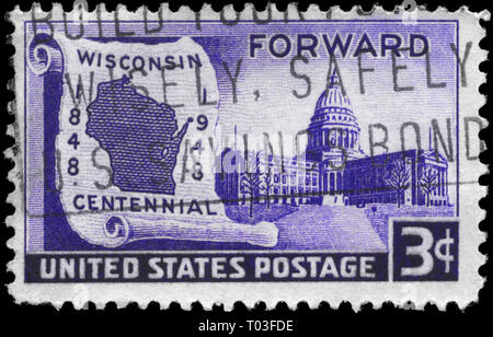 USA - ca. 1948: einen Stempel in den USA gedruckt, zeigt die Karte auf Blättern & State Capitol, Wisconsin Staatlichkeit-problematik, ca. 1948 Stockfoto